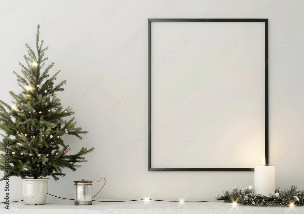 Minimalist Christmas mockup with a black frame. a small Christmas tree with fairy lights and a white candle Minimalist Christmas mockup with a black frame. a small Christmas tree with fairy lights and a white candle