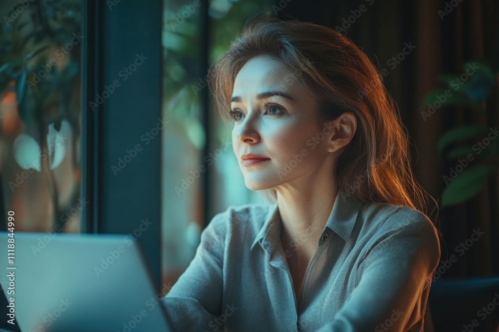 Woman working late on her laptop in an office setting with a focused and modern ambiance. Woman working late on her laptop in an office setting with a focused and modern ambiance.