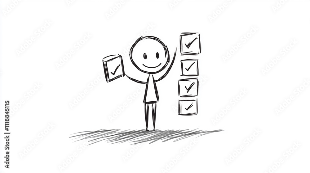 Stick Figure Ticking Off Seven Boxes on a Checklist Stick Figure Ticking Off Seven Boxes on a Checklist