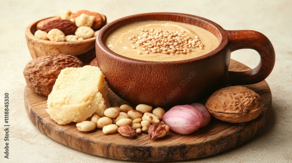 Exotic Foods and Ingredients Tahini Ground sesame seed paste used in hummus and dressings Isolated solo on plain background One main object Exotic Foods and Ingredients Tahini Ground sesame seed paste used in hummus and dressings Isolated solo on plain background One main object