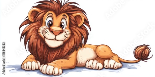 Cute cartoon lion cub lying down, smiling. photo