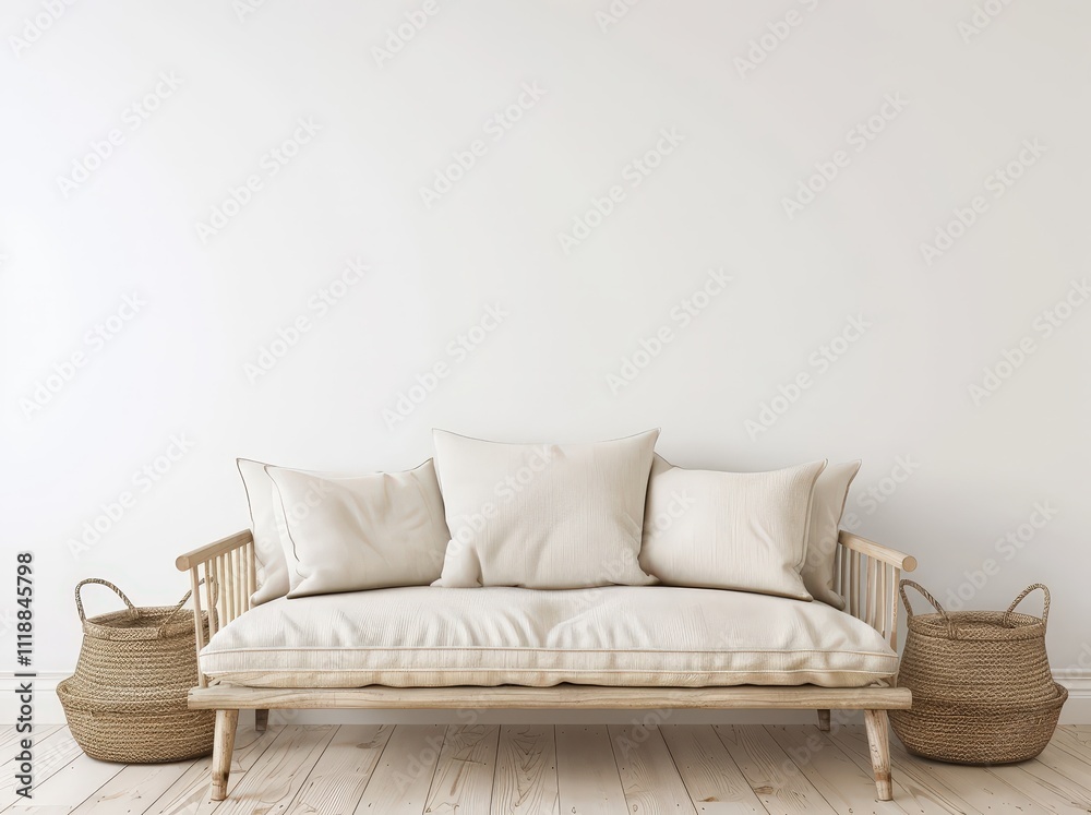 Minimalist living room with a white couch. wooden floor. and two woven baskets Minimalist living room with a white couch. wooden floor. and two woven baskets