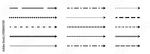 Straight thin dashed arrows collection. Black long dotted arrow set. Linear stripe elements bundle for flyer, poster, brochure, booklet, banner. Doodle sketched pointers or direction lines. Vector