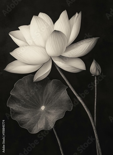 Elegant white lotus flowers with delicate petals and a bud on a dark background, representing peace and beauty in nature. photo