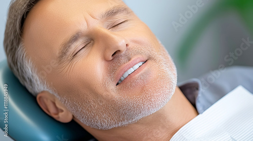 Middle-aged male patient relaxes in dental chair, displaying missing tooth and preparing for treatment in modern clinic environment