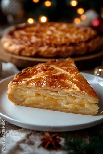 Photo réaliste d'une part de galette des rois dorée et feuilletée avec garniture de frangipane, posée sur une assiette blanche pour célébrer l'Épiphanie