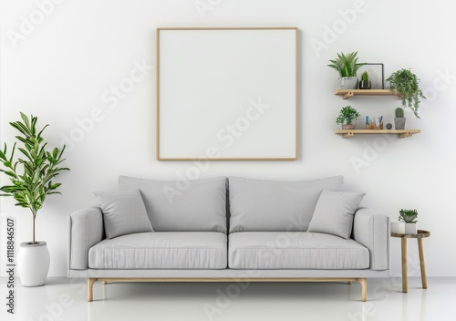 Minimalist living room interior with a gray sofa. wooden shelves. and a blank square frame on the wall