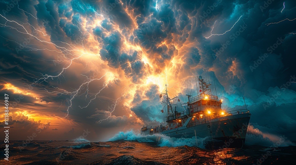 Ship sailing through intense lightning storm at sea. Ship sailing through intense lightning storm at sea.