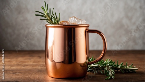 Steaming Cocktail in Shiny Copper Mug with Rosemary and Cinnamon Garnish photo