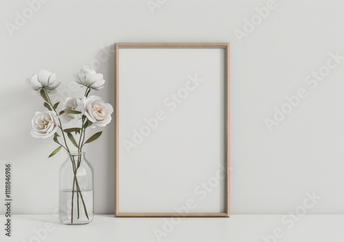 White roses in a glass vase next to a blank frame on a white background
