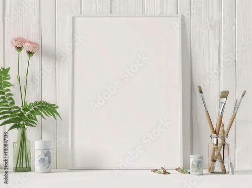 White frame mockup on a white wood shelf with flowers. paint brushes. and jars photo