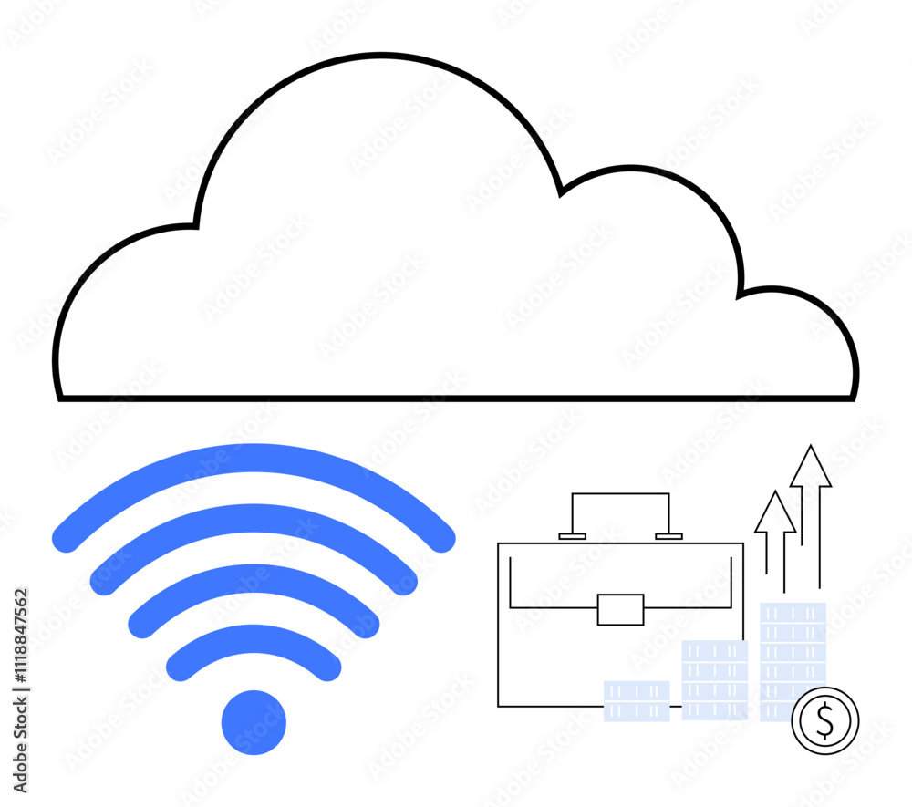Cloud icon above blue wireless signal representing connectivity, with a briefcase, coins, and upward arrows indicating business growth. Ideal for tech, finance, remote work, data storage, business Cloud icon above blue wireless signal representing connectivity, with a briefcase, coins, and upward arrows indicating business growth. Ideal for tech, finance, remote work, data storage, business