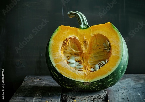 Freshly cut pumpkin showcasing vibrant orange flesh and seeds, resting on a rustic wooden surface. Autumn harvest and cooking concept. photo