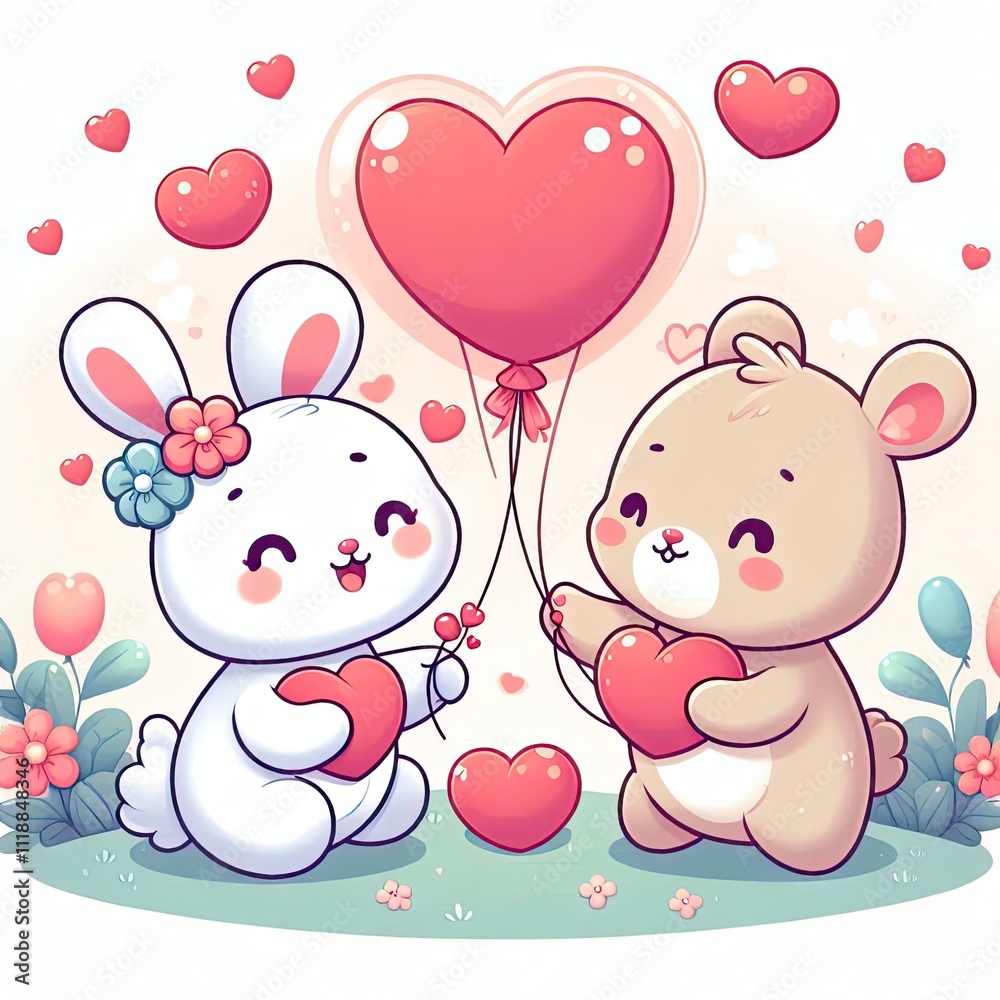 A playful Valentine’s Day greeting featuring cute cartoon animals exchanging heart-shaped balloons in a vibrant park setting A playful Valentine’s Day greeting featuring cute cartoon animals exchanging heart-shaped balloons in a vibrant park setting