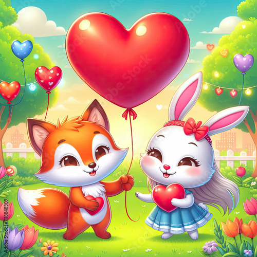 A playful Valentine’s Day greeting featuring cute cartoon animals exchanging heart-shaped balloons in a vibrant park setting