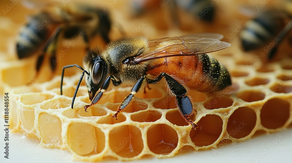 Bee lounging on a honeycomb raft bee's body covered in pollen Isolated solo on plain background One main object Bee lounging on a honeycomb raft bee's body covered in pollen Isolated solo on plain background One main object