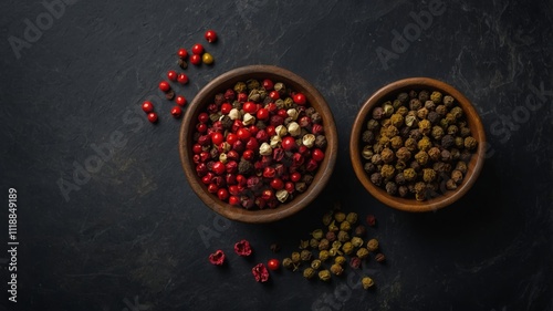 Assorted peppercorns in bowl on dark backdrop