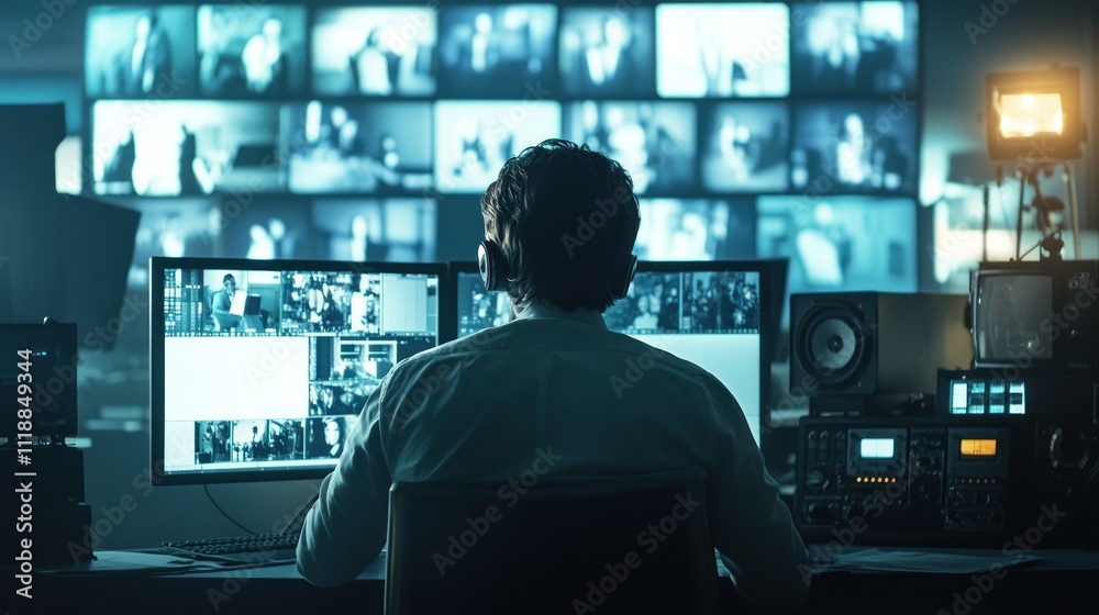 Obraz premium Man monitoring multiple screens in a control room.