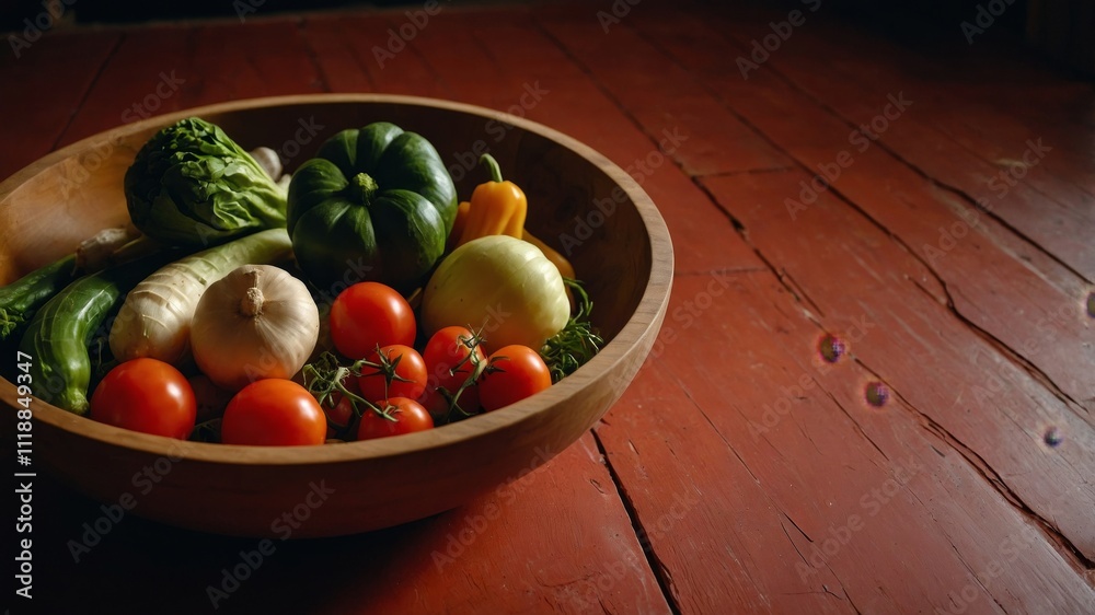 Assorted vegetables in wooden bowl on clay floor Assorted vegetables in wooden bowl on clay floor