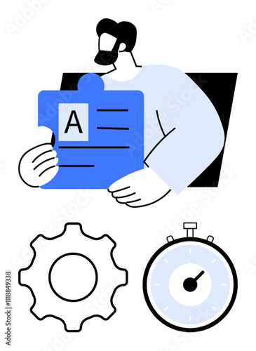 Man holding puzzle piece gear stopwatch. Ideal for themes thumbs up problem-solving, efficiency, teamwork, time management, planning, productivity, creativity. Line metaphor