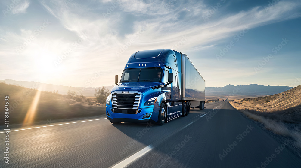 Obraz premium Blue semi-truck with trailer driving on a highway in a desert landscape under a bright sky. Freight transportation and logistics concept. Design for banners, posters, and industry presentations