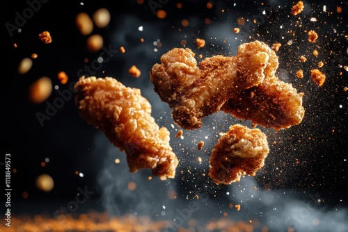 Fried chicken pieces mid-air with crumbs and spices flying around, capturing the dynamic motion and crispy texture, perfect for food advertising.