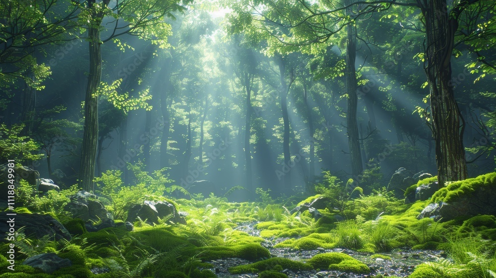 Sunbeams illuminate a lush green forest path. Sunbeams illuminate a lush green forest path.