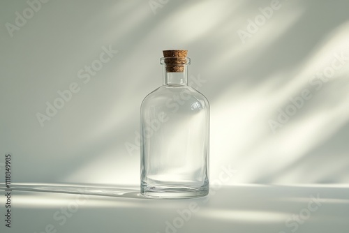 A clear glass bottle with a cork stopper, illuminated by soft light, suggesting elegance and simplicity.