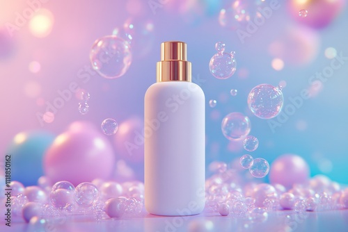 A sleek white bottle with a gold cap surrounded by bubbles and pastel colors, suggesting beauty or skincare product.