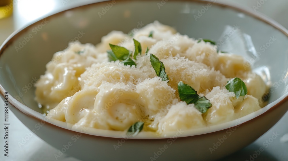 Creamy tortellini pasta dish with parmesan cheese and basil. Creamy tortellini pasta dish with parmesan cheese and basil.