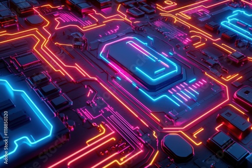 Futuristic Circuit Board with Neon Lights 