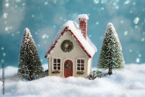 A charming miniature house covered in snow, surrounded by evergreen trees, evoking a cozy winter scene.