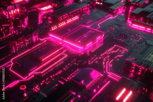 Futuristic Circuit Board with Neon Lights 