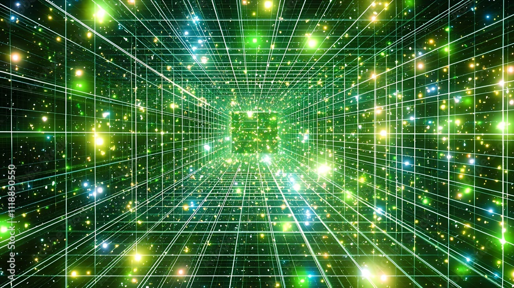 Abstract green grid tunnel with glowing particles. Abstract green grid tunnel with glowing particles.