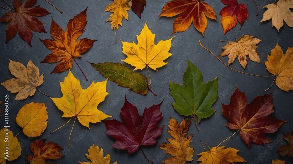 Autumn leaves displayed on a textured gray background Autumn leaves displayed on a textured gray background