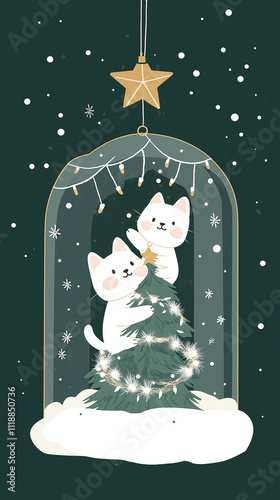 Cartoon cats near the Christmas tree. 