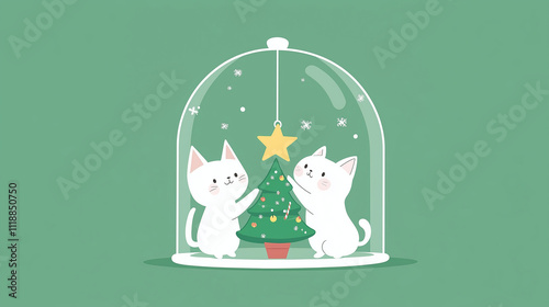 Cartoon cats near the Christmas tree. 