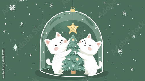Cartoon cats near the Christmas tree. 