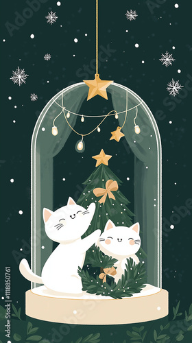Cartoon cats near the Christmas tree. 