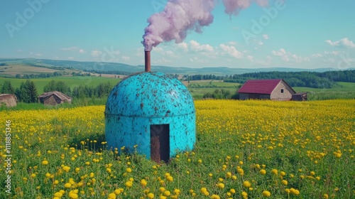 Renewable Energy in Rural Areas A biogas plant converting animal manure into renewable energy for rural farms One main object high quality very detailed Professional image photo