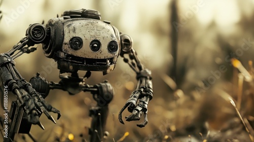 A small, vintage-style robot in a natural, overgrown environment.