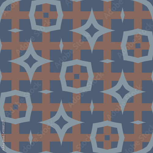 Seamless repeating pattern tile featuring a unique plaid with subtle tones of coffee brown with complimentary light and dark blues