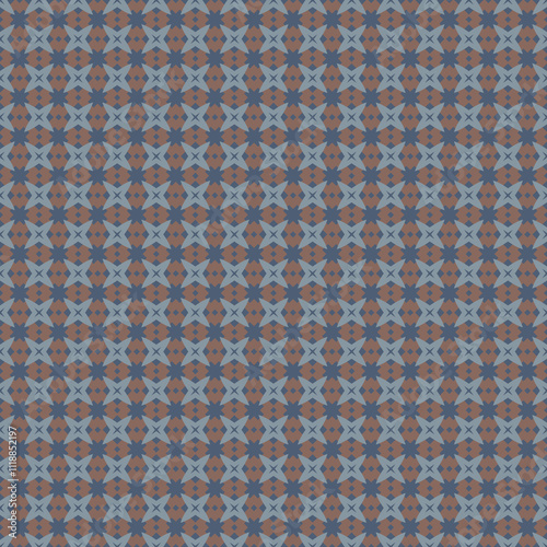 Seamless repeating pattern tile featuring geometric crosses in subtle shades of light blue, dark blue and brown