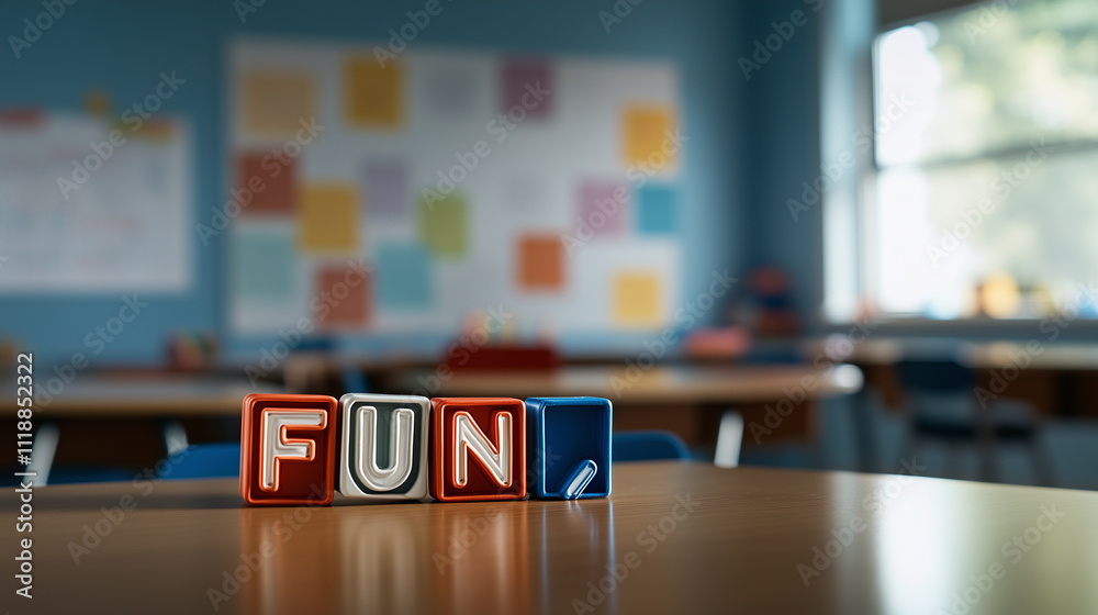 A warm classroom scene with a focus on colorful letter blocks forming the word 
