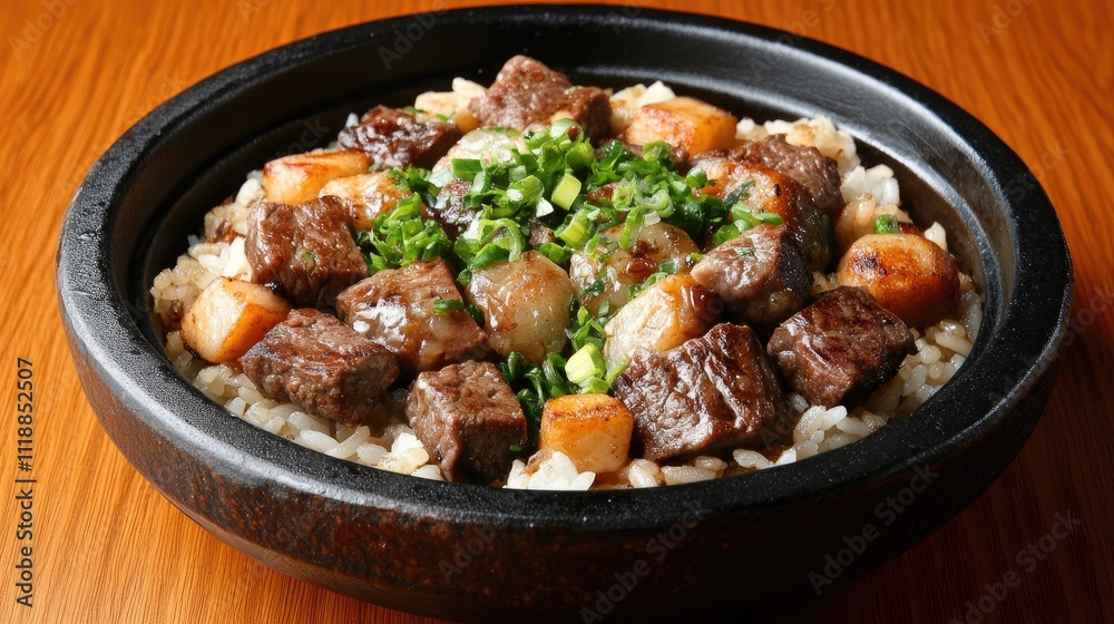 Enjoy a close-up of a beautifully presented beef rice bowl topped with marinated meat, accompanied by miso soup and sauces Enjoy a close-up of a beautifully presented beef rice bowl topped with marinated meat, accompanied by miso soup and sauces