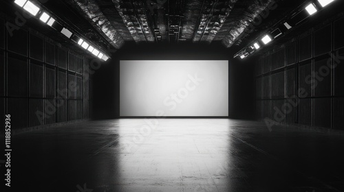 A spacious, empty studio with a large blank screen, ideal for presentations or filming.