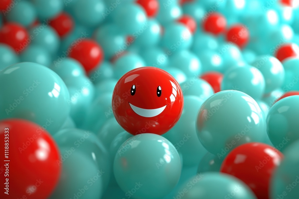 Playful red smiley sphere in teal sphere crowd abstract art joyful environment close-up viewpoint concept of happiness Playful red smiley sphere in teal sphere crowd abstract art joyful environment close-up viewpoint concept of happiness
