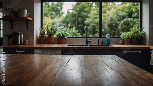 Blurred kitchen window background with wooden tabletop