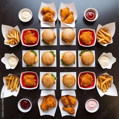 Above view of fast food meals in random tastes, burgers, fried chickens and french fries