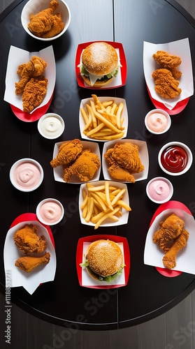 Above view of fast food meals in random tastes, burgers, fried chickens and french fries